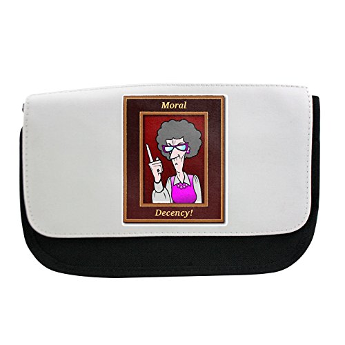 A wodden Picture Frame with the Words Moral decency contains a dibujos animados Like Picture of an old woman with a wagging dedos. Pencil Case, de Make Up Bag, Multibag