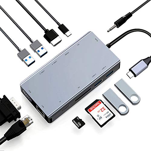 ABLEWE Hub USB C 11 en 1,Tipo C Adaptador Type C Hub con 4K HDMI,2 USB 3.0,2 USB 2.0,VGA,PD Puerta,Lector Tarjetas SD/TF,RJ45 Ethernet-Port Compatible para MacBook,MacPro,ChromeBook,XPS y Otras