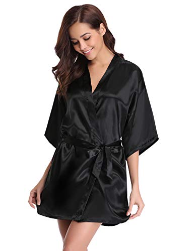 Abollria Kimono Mujer Bata para Satén Mujer Ropa de Dormir Batas Negro,L
