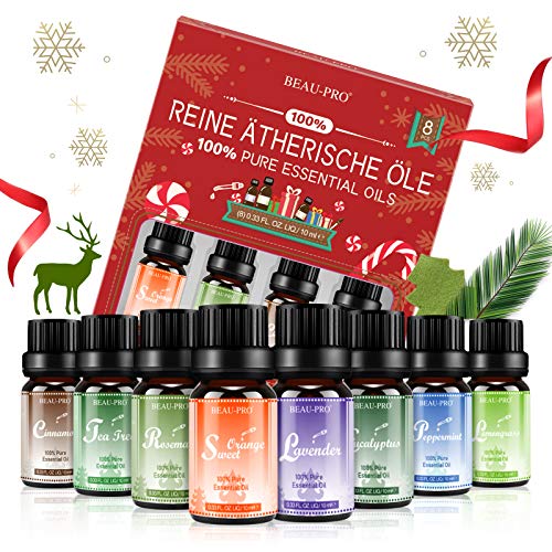 Aceites Esenciales 100% Puros Naturales, 8 * 10ml Set de Aromaterapia Aceites Esenciales para Humidificador y Diffusor-Lavanda,Eucalipto,Limoncillo,Árbol de Té,Canela,Menta,Naranja Dulce,Romero