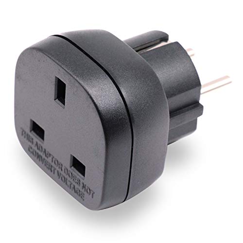 Adaptador de Reino Unido a UE/DE/FR/IT/ES Certificado BS8546, Convierte un Enchufe de 3 Clavijas UK/HK/UAE a 2 Clavijas UE/Alemania/Francia/España/Italia con Obturador de Seguridad (1 Pieza Negro)