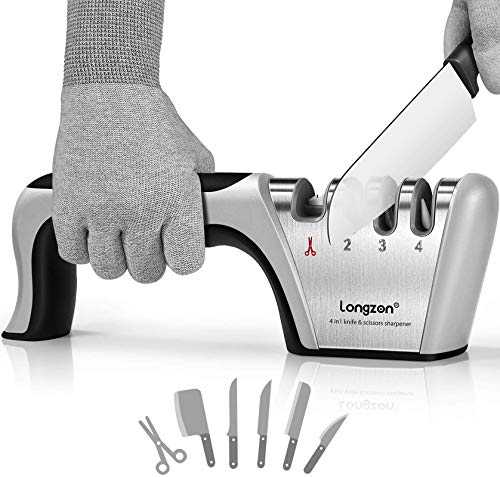 Afilador de Cuchillos, longzon Afilador Cuchillos Profesional, Knife Sharpener, 4 en 1 Afilador de Cuchillos Manual para Cocina con Un par de Guantes Antideslizantes, para Cuchillos y Tijeras Afilador de Cuchillos, longzon Afilador Cuchillos Profesional, Knife Sharpener, 4 en 1 Afilador de Cuchillos Manual para Cocina con Un par de Guantes Antideslizantes, para Cuchillos y Tijeras