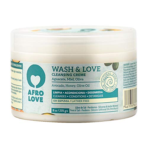 Afro Love Wash & Love Acondicionador Limpiador – Cowash para pelo rizado sin siliconas sin SLS sin parabenos ni aceites minerales, con aguacate, miel y aceite de oliva, sin espuma (235g)