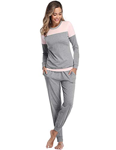 Aibrou Pijama Mujer Dos Piezas Algodón Camiseta y Pantalones Largos Casual Ropa de Casa Dormir Suave y Comodo para Otoño e Invierno S-XXL