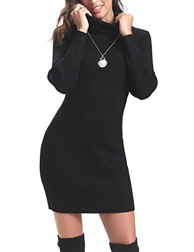 Aibrou Vestido de Punto Cuello Alto para Mujer,Vestido Ajustado Manga Larga Elegante Clásico,Vestidos Jersey Invierno (Negro, M)