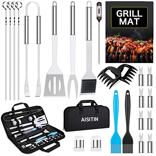 AISITIN Utensilios Barbacoa Accesorios Barbacoa 25 Piezas Kit Barbacoa Set Acero Inoxidable para Hombres Mujeres Camping Barbacoa