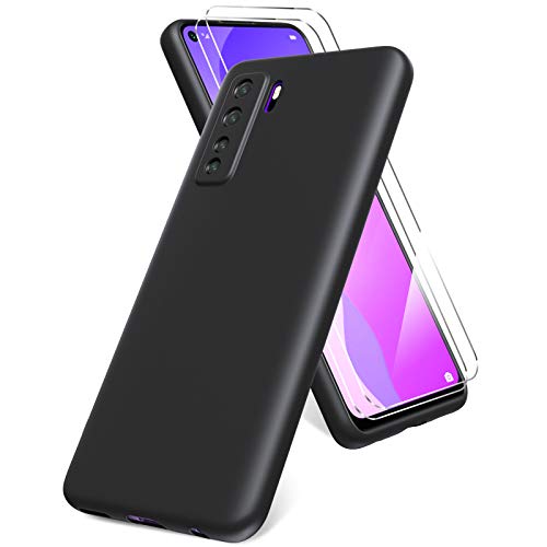 All Do Oududianzi Funda para Huawei P40 Lite 5G, Protector Pantalla Cristal Templado, Carcasa de Silicona Líquida Gel Ultra Suave Funda con tapete de Microfibra Anti-Rasguño - Negro