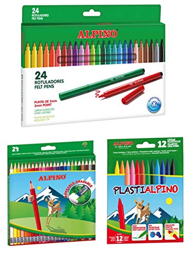 Alpino escolar pack: 24 lápices de colores borrables + 24 rotuladores + estuche con 12 ceras Alpino escolar pack: 24 lápices de colores borrables + 24 rotuladores + estuche con 12 ceras