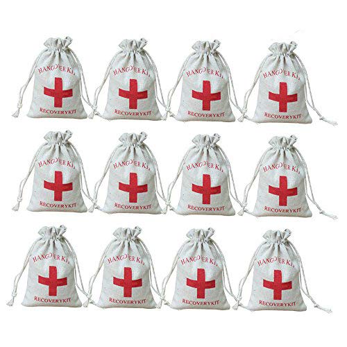 AmaJOY Bolsas de regalo para boda hechas de algodón con cuerda de muselina, con diseño de cruz roja y texto en inglés «Hangover kit, recovery kit», 10 x 15 cm, 20 unidades