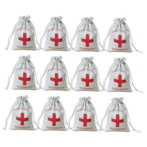 AmaJOY Bolsas de regalo para boda hechas de algodón con cuerda de muselina, con diseño de cruz roja y texto en inglés «Hangover kit, recovery kit», 10 x 15 cm, 20 unidades AmaJOY Bolsas de regalo para boda hechas de algodón con cuerda de muselina, con diseño de cruz roja y texto en inglés «Hangover kit, recovery kit», 10 x 15 cm, 20 unidades
