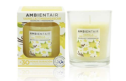 Ambientair. Vela aromática Vainilla. Vela perfumada con cera vegetal y perfume natural con una duración estimada de 30 horas. Disfruta de la aromaterapia en tu casa con esta vela en vaso de cristal.