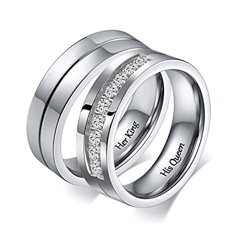 Amody 1 par His y Hers Ring Parejas a Juego Anillo de Acero Inoxidable Boda Banda Grabado Her King y His Queen Mujeres tamaño 9,5 Hombres tamaño 22