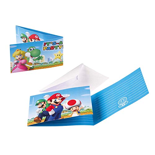 Amscan 9901543 - Tarjetas de invitación Super Mario (8 unidades, 7,9 x 14,1 cm, con sobres blancos, invitación, Mario, Luigi, Princesa, Super Mario World, cumpleaños, fiestas temáticas, carnaval