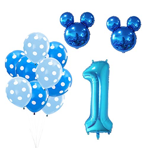 Amycute 13 pcs Globos de cumpleaños 1 año, Decoración Fiesta de Cumpleaños Mickey Minnie Numero 1 Globo de Papel de Aluminio y Globo de Latex Negro Azul para Happy Birthday Niños de 1 año