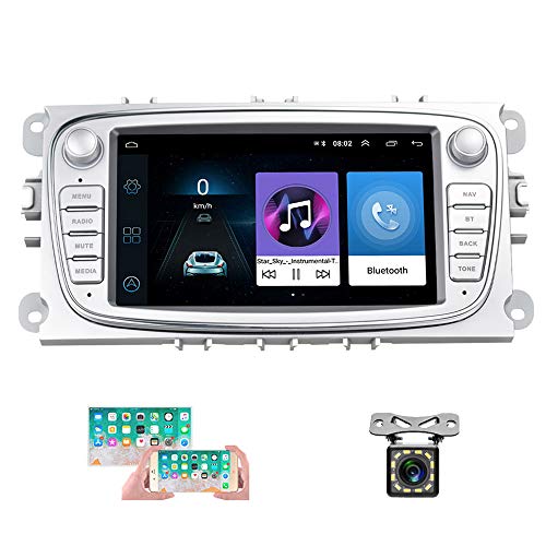 Android Car Radio para Ford Focus GPS CAMECHO Pantalla táctil capacitiva de 7 Pulgadas estéreo para automóvil WiFi Bluetooth FM Dual USB para Ford Mondeo C-MAX S-MAX Galaxy II Kuga (Plata)