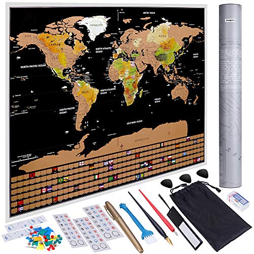 Anpro Mapa del Mundo Raspado en Oro Negro con Bandera,Mapa Mundi Rascar Grande para Pared con 46 Piezas de Accesorios Anpro Mapa del Mundo Raspado en Oro Negro con Bandera,Mapa Mundi Rascar Grande para Pared con 46 Piezas de Accesorios