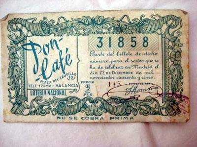 Antigua Papeleta Lotería Nacional - National Lottery Ballot : PARTICIPACIÓN 22 Diciembre 1945