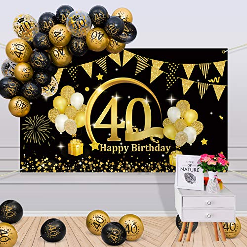 APERIL 40 Años Decoración de Cumpleaños Oro Negro, Globos de Cumpleaños Hombre Mujer, Póster de Tela Globos Negros Oro Globos de Confeti para 40 Feliz Cumpleaños Pancarta de Fondo 40 Cumpleaños