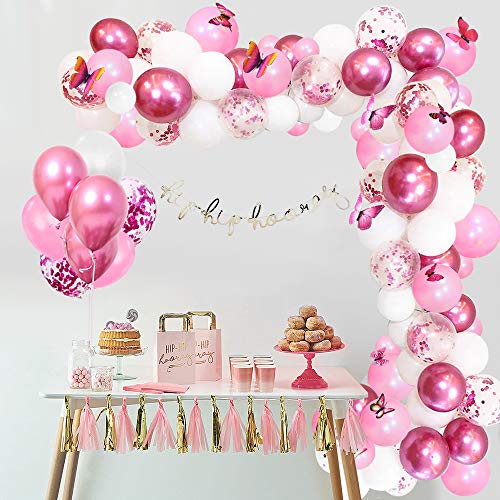 APERIL Kit de Guirnaldas de Globos 117 Piezas Globos de Cumpleaños y 3D Mariposas Decoración Arcos de Globos Metálicos Rosa Blanco Confeti para Niña Decoración de Boda Cumpleaños Fiesta Comunion