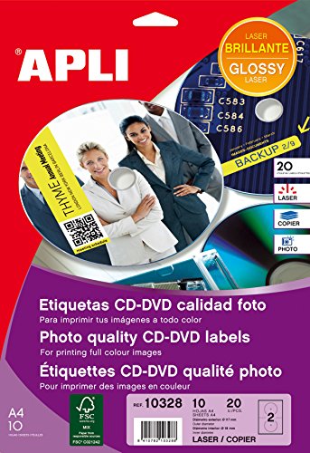 APLI 10328 - Etiquetas CD/DVD permanentes tamaño mega brillante 10 hojas L/C, Acabado Brillante, 719274