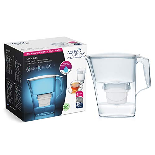 Aqua Optima Jarra Liscia + 6 cartuchos de filtro de agua Evolve. Pack de 6 meses, blanco, 2,8 litros, 172x264x263