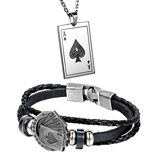 Aroncent Pulsera de Cuero Trenzado Brazalete Decorado de Picas Póker Collar con Colgantes de Baraja de Cartas de Acero Inoxidable Juego de Joyería de Cuerpo para Hombre – 2PCS Aroncent Pulsera de Cuero Trenzado Brazalete Decorado de Picas Póker Collar con Colgantes de Baraja de Cartas de Acero Inoxidable Juego de Joyería de Cuerpo para Hombre – 2PCS