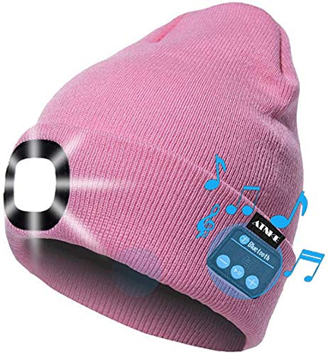 ATNKE LED Iluminado Bluetooth Beanie Cap, USB Recargable inalámbrico Musical Running Hat Ultra Brillante 4 LED Lámpara de luz Impermeable Uso para Esquiar Senderismo Camping Ciclismo (Rosado)
