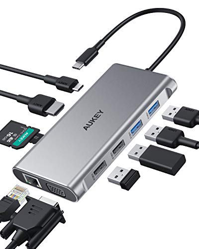 AUKEY Hub USB C 10 en 1 USB C Adaptador con Ethernet, HDMI 4K, VGA, 2 USB 3.0, 2 USB 2.0, PD 100W, Puerto de Datos USB-C, SD/TF para MacBook (Thunderbolt 3) y Otras Computadoras Portátiles USB-C