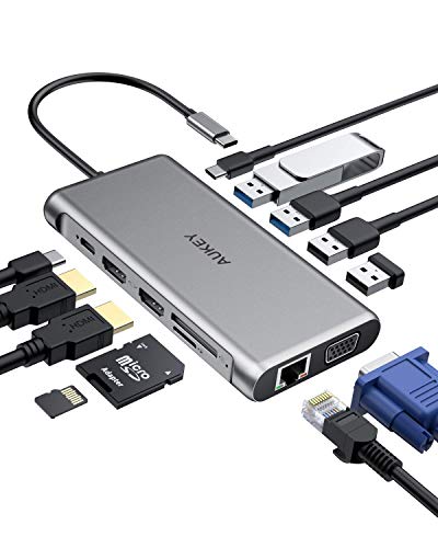 AUKEY USB C Hub 12 en 1 Adaptador tipo C con Ethernet, 4K HDMI, VGA, 2 USB 3.0,2 USB 2.0,100W PD, puerto de datos USB-C y SD / TF Compatible con MacBook Pro y otras computadoras portátiles USB-C
