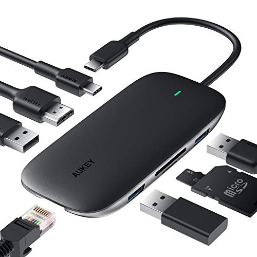 AUKEY USB C Hub 8 en 1 Adaptador USB Type C 4K HDMI, Ethernet RJ45 de 1 Gbps, PD 100W, 2 USB 3.0, 1 USB 2.0, SD y TF para MacBook DELL XPS Chromebook Samsung S9 (Space Gray)