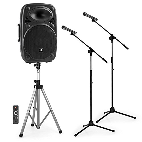 auna Streetstar 15 Set Equipo PA móvil, soporte altavoz y dos soportes de micrófono - Tamaño de 15" y 400W de potencia máxima, Bluetooth, Puerto USB y SD para MP3,Incluye 2 micrófonos inalambricos