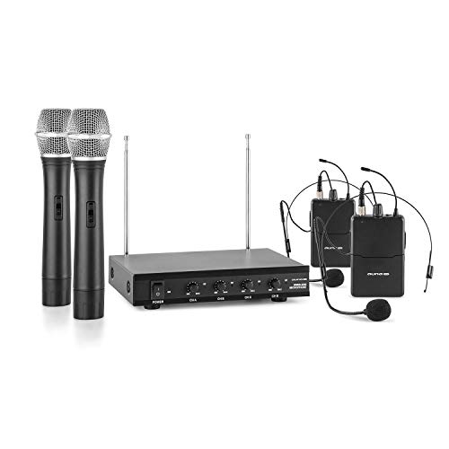 auna VHF-4-H-HS Set micrófonos inalámbricos VHF de 4 canales (alcance hasta 100 metros, incluye receptor, 2 micros con auriculares y 2 micro de mano)