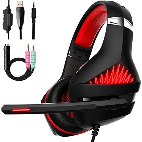 Auriculares Gaming con Micrófono para PS4 Xbox One, Efair Cascos Gaming Stereo con luz LED & Suave Orejeras de Memoria, Diadema Acolchada y Ajustable, 3.5mm Jack para PC Nintendo Switch(Rojo)