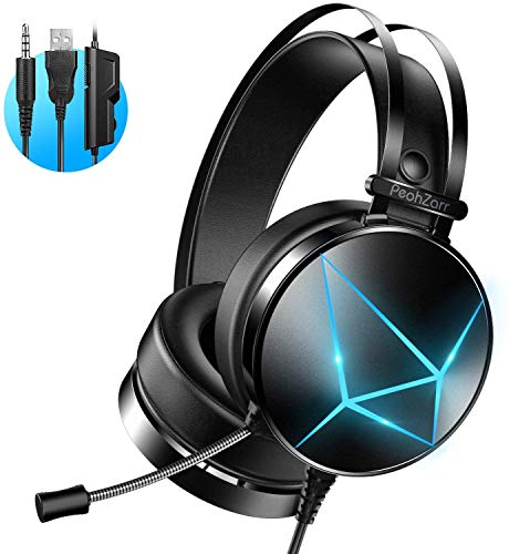 Auriculares Gaming, PeohZarr Auriculares Gaming PS4 PS5 Estéreo con Micrófono Cascos Gaming 3.5mm Jack con Luz LED Bass Surround y Cancelación de Ruido Auriculares Compatible con PC/Xbox One/Nintendo