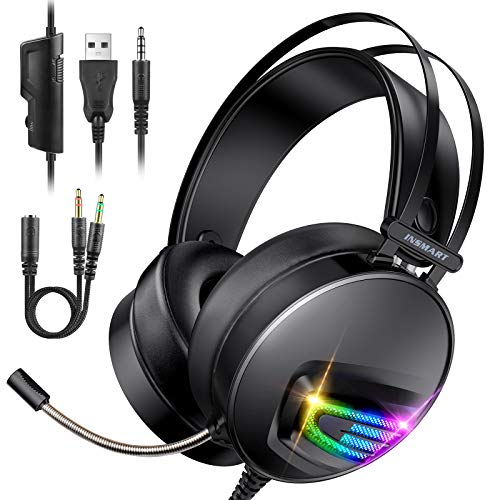 Auriculares Gaming PS4 Auriculares con Micrófono, INSMART Cascos Gaming con 3,5 mm Jack con Micrófono Flexible y Luz LED para PS4 PC Xbox One