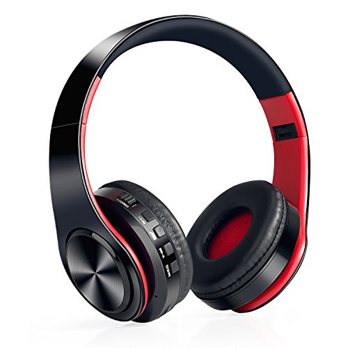 Auriculares Inalámbricos Bluetooth, WolinTek Wireless Over-Ear Headphone con Micrófono & 3,5mm Jack, Ranura para Tarjeta Micro SD/TF, 10 Horas de Tiempo de Juego para Viajes (Negro/Rojo)