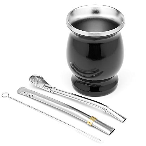 BALIBETOV Mate Argentino - Kit Mate con un Vaso para Mate de Doble Pared de Acero Inoxidable y Dos Bombilla para Mate y cepillos para Limpiar la Bombilla Mate, Resistente y Elegante (Negro)