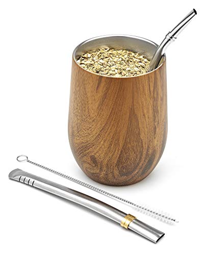 BALIBETOV Set Mate Argentino para Yerba Mate - Kit Mate de Vaso para Mate Pared Doble de Acero Inoxidable 18/8 - Incluye Dos Bombilla Mate y un Cepillo para Limpiar la Bombilla (Madera, 355 ml)