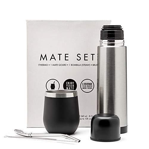 BALIBETOV Set Yerba Mate Completo - Calabaza Mate Moderna, Termo, Bombilla y Cepillo de Limpieza Incluido - Todo Acero Inoxidable 304 18/8 (Negro)