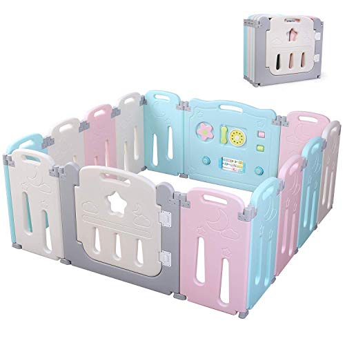 Bamny Parque Infantil Bebe con Puerta de Plástico Extensible, Corralito Bebe Plegable para Niños de 0 a 6 Años (Rosa + Azul + Luna, 12 + 2) Bamny Parque Infantil Bebe con Puerta de Plástico Extensible, Corralito Bebe Plegable para Niños de 0 a 6 Años (Rosa + Azul + Luna, 12 + 2)