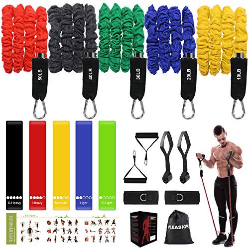 Bandas Elasticas Musculacion Hombres, Extensores de Pecho Gomas Elasticas para Fitness con Manijas,Ancla de Puerta,Correas de Tobillo, (17pcs) Bandas de Resistencia con Mangas Protectoras de Nailon