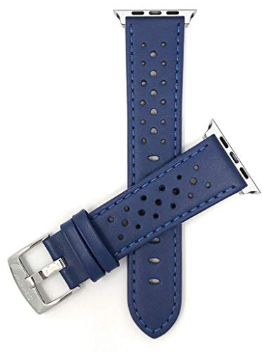 Bandini Correa de repuesto de piel para Apple Watch, compatible con Apple Watch Series 5, 4, 3, 2, 1 y iWatch – Ventilado Rally – Conector azul/plateado – 38 mm/40 mm