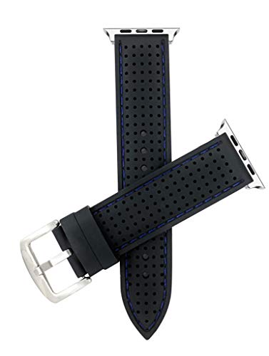 Bandini Correa de repuesto de silicona y goma para Apple Watch, compatible con Apple Watch Series 6 5 4 3 2 – Rally ventilado, color negro / azul / hebilla plateada / conector plateado, 38 mm / 40 mm