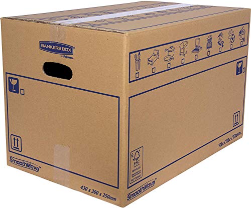 Bankers Box 6208301 Pack 10 Cajas de Cartón 43 x 30 x 25 cm con Asas para Mudanzas, Almacenaje y Transporte Ultrarresistentes, Canal Simple Reforzado (Talla M) 32 Litros
