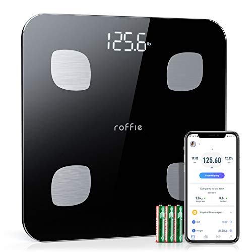 Báscula Grasa Corporal, Roffie Báscula de Baño Digital Báscula de Peso Inteligente con Indice de Grasa Corporal, Wireless Monitores de Composición Corporal Analizar 23 Funciones con APP Negro