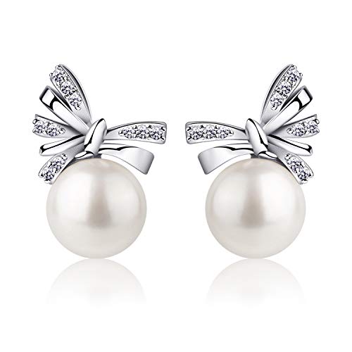 B.Catcher Mujer Perla Pendientes con Lazo 925 Plata de Ley Brillante Circonita con San Valentín Regalo Originales