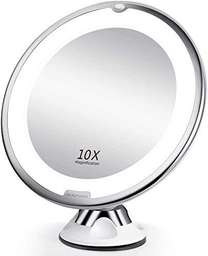 BEAUTURAL Espejo de Baño Mujer, Espejo Maquillaje con luz LED Aumento 10X, con Rótulo Giratorio Ajustable y Ventosa,a Pilas BEAUTURAL Espejo de Baño Mujer, Espejo Maquillaje con luz LED Aumento 10X, con Rótulo Giratorio Ajustable y Ventosa,a Pilas