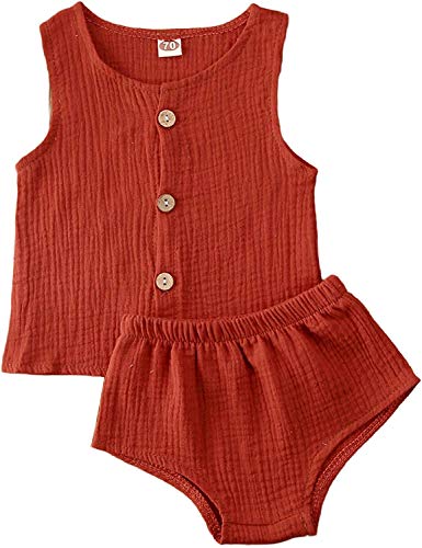 Bebé Recién Nacido 2 Piezas Traje de Ropa Verano Camiseta sin Manga con Cuello Redondo y Botones Pantalones Cortos Set Top Camisa Braguita de Color Sólido para Niña Pequeña (Rojo, 12-18 Meses)