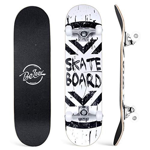 BELEEV Skateboards, 31 x 8 pulgadas, monopatín completo para principiantes, 7 capas de arce canadiense doble patada cubierta cóncava Cruiser truco para niños y adultos