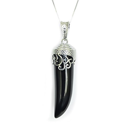 Bella Jade Collar con colgante de cuerno Cornicello italiano, cadena de metal y cordón de cuero negro Bella Jade Collar con colgante de cuerno Cornicello italiano, cadena de metal y cordón de cuero negro